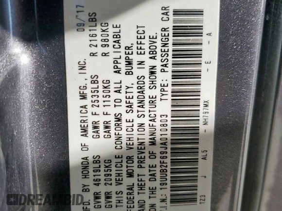 2018 Acura TLX w/A-SPEC Pkg with VIN 19UUB2F69JA010803, listed as a Copart auction lot 54090365 with 96,961 mi miles and Salvage title. Bid and sale history available at DreamBid. Image 12.