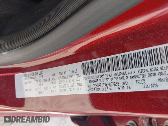 2019 Ram 1500 Laramie z VIN 1C6SRFJTXKN652650, wystawiony jako IAAI lot #42553987 z przebiegiem 78 609 mil mil oraz . Historia ofert i sprzedaży dostępna na DreamBid. Obrazek 9.