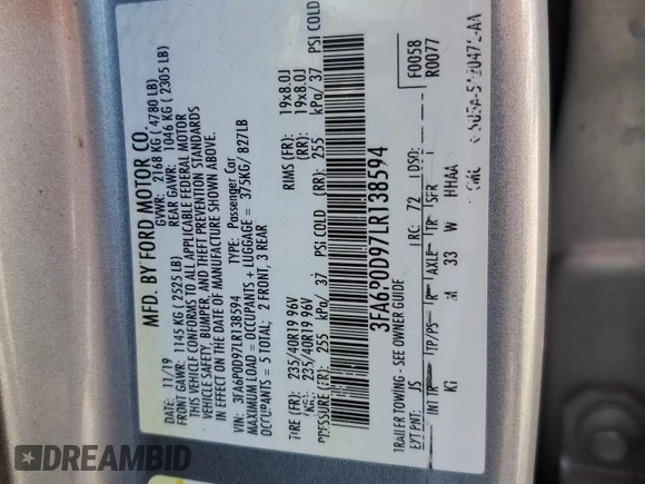 2020 Ford Fusion Titanium with VIN 3FA6P0D97LR138594, listed as a Copart auction lot 57755565 with Not provided miles and Clean title. Bid and sale history available at DreamBid. Image 12.