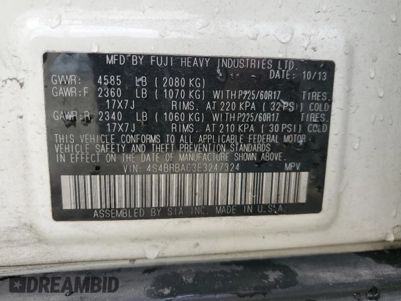 2014 Subaru Outback 2.5i z VIN 4S4BRBAC3E3247324, wystawiony jako Copart lot #58142095 z przebiegiem 165 380 mil mil oraz Szkoda całkowita • Salvage title. Historia ofert i sprzedaży dostępna na DreamBid. Obrazek 14.