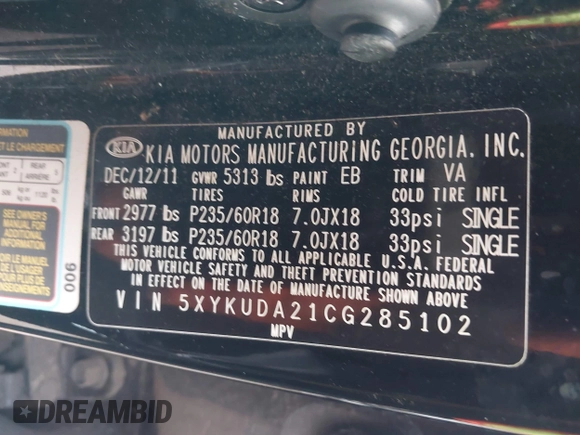 2012 Kia Sorento EX with VIN 5XYKUDA21CG285102, listed as a IAAI auction lot 41749176 with 154,034 mi miles. Bid and sale history available at carsss.com. Image 9.