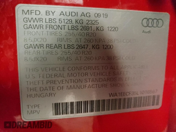2020 Audi Q3 S line Premium Plus with VIN WA1EECF35L1016567, listed as a Copart auction lot 51137313 with 38,294 mi miles. Bid and sale history available at carsss.com. Image 14.