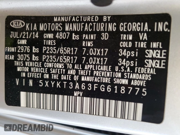 2015 Kia Sorento LX with VIN 5XYKT3A63FG618775, listed as a Copart auction lot 53165155 with 153,070 mi miles and Salvage Title. Bid and sale history available at carsss.com. Image 14.