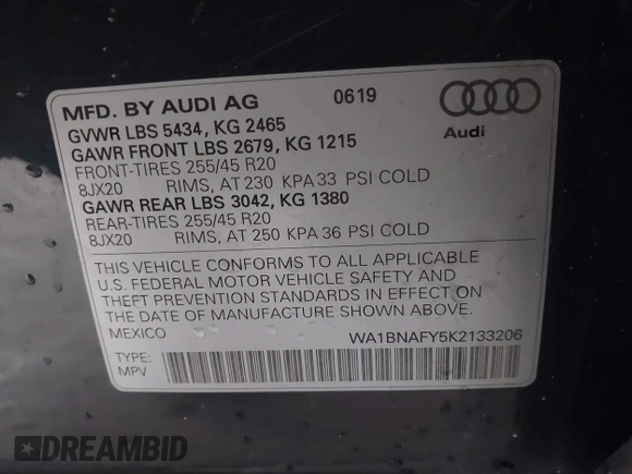 2019 Audi Q5 Premium Plus with VIN WA1BNAFY5K2133206, listed as a IAAI auction lot 42415360 with 35,153 mi miles and . Bid and sale history available at DreamBid. Image 9.