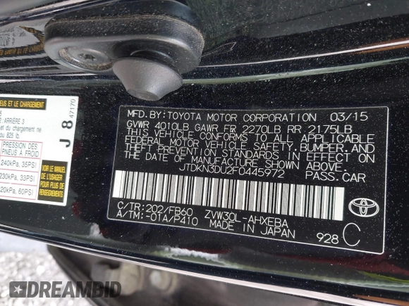 2015 Toyota Prius Four with VIN JTDKN3DU2F0445972, listed as a IAAI auction lot 42040633 with 153,890 mi miles. Bid and sale history available at carsss.com. Image 9.