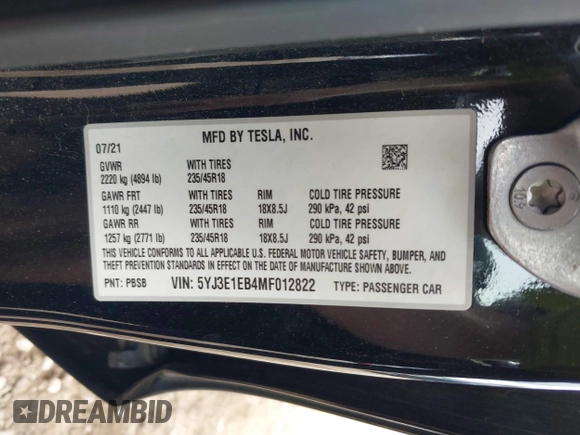 2021 Tesla Model 3 Long Range with VIN 5YJ3E1EB4MF012822, listed as a IAAI auction lot 41918721 with 69,105 mi miles. Bid and sale history available at carsss.com. Image 9.