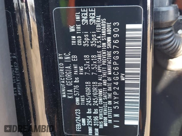 2023 Kia Telluride LX with VIN 5XYP24GC6PG376903, listed as a Copart auction lot 88471645 with 36,922 mi miles and Salvage title. Bid and sale history available at DreamBid. Image 13.