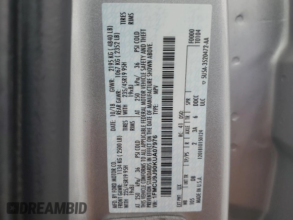 2019 Ford Escape Titanium with VIN 1FMCU9J90KUA07976, listed as a Copart auction lot 59565275 with 189,655 mi miles and Salvage title. Bid and sale history available at DreamBid. Image 13.