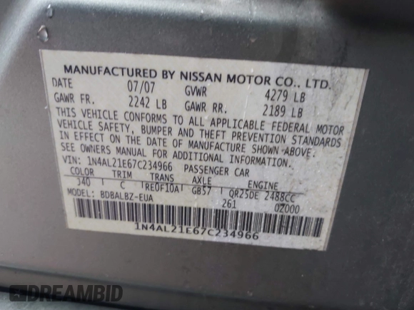 2007 Nissan Altima 2.5 S with VIN 1N4AL21E67C234966, listed as a IAAI auction lot 41910895 with 239,566 mi miles. Bid and sale history available at carsss.com. Image 9.