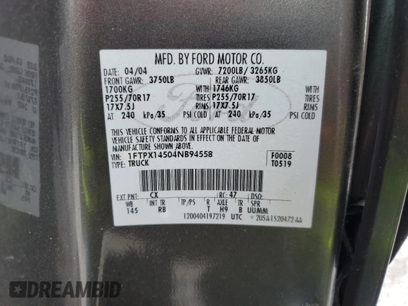 2004 Ford F-150 XLT с VIN 1FTPX14504NB94558, выставлен на аукционе Copart как лот 43739945 с пробегом 231 395 миль миль и Списание • Salvage title. История ставок и продаж доступна на DreamBid. Изображение 12.