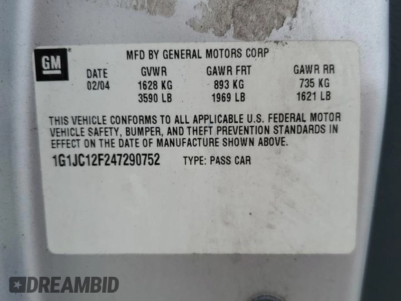 2004 Chevrolet Cavalier with VIN 1G1JC12F247290752, listed as a Copart auction lot 81249374 with 87,391 mi miles and Non Repairable. Bid and sale history available at carsss.com. Image 14.