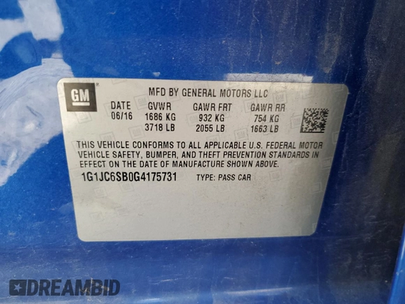 2016 Chevrolet Sonic LT with VIN 1G1JC6SB0G4175731, listed as a Copart auction lot 41773445 with 77,636 mi miles and Salvage Title. Bid and sale history available at carsss.com. Image 12.