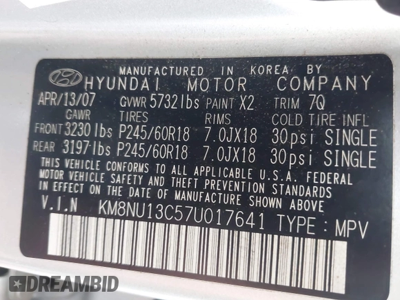 2007 Hyundai Veracruz GLS z VIN KM8NU13C57U017641, wystawiony jako IAAI lot #42180427 z przebiegiem 187 106 mil mil oraz . Historia ofert i sprzedaży dostępna na DreamBid. Obrazek 9.