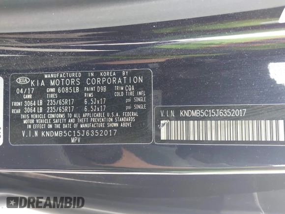 2018 Kia Sedona LX with VIN KNDMB5C15J6352017, listed as a IAAI auction lot 41787590 with 110,159 mi miles. Bid and sale history available at carsss.com. Image 9.