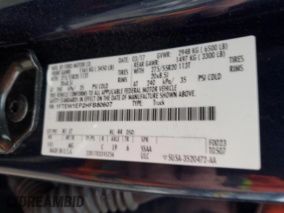 2017 Ford F-150 XL with VIN 1FTEW1EP2HFB80607, listed as a Copart auction lot 53311155 with 55,378 mi miles and Salvage title. Bid and sale history available at DreamBid. Image 12.