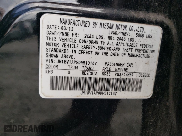 2013 Infiniti M with VIN JN1BY1AP8DM510147, listed as a Copart auction lot 58264055 with Not provided miles and Salvage title. Bid and sale history available at DreamBid. Image 12.