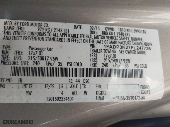 2015 Ford Focus SE with VIN 1FADP3K27FL247736, listed as a IAAI auction lot 41739772 with 149,165 mi miles. Bid and sale history available at carsss.com. Image 9.