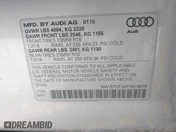 2015 Audi Q3 2.0T Premium Plus with VIN WA1EFCFSXFR010015, listed as a IAAI auction lot 42099410 with 142,117 mi miles. Bid and sale history available at carsss.com. Image 9.