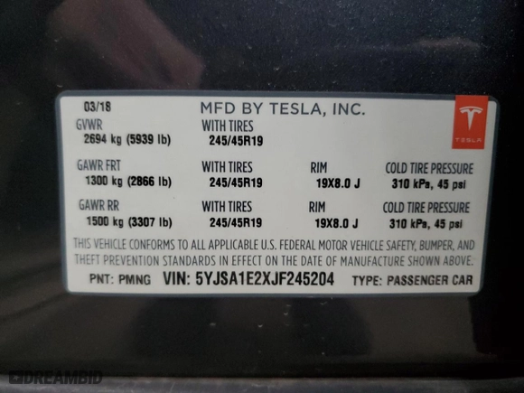 2018 Tesla Model S 75D with VIN 5YJSA1E2XJF245204, listed as a Copart auction lot 48069455 with 63281 miles and Clean Title. Bid and sale history available at carsss.com. Image 12.