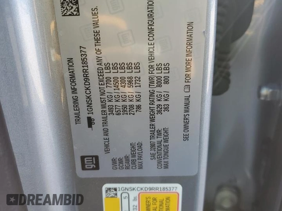 2024 Chevrolet Suburban LT z VIN 1GNSKCKD9RR185377, wystawiony jako Copart lot #42807955 z przebiegiem 14 651 mil mil oraz Szkoda całkowita • Salvage title. Historia ofert i sprzedaży dostępna na DreamBid. Obrazek 13.