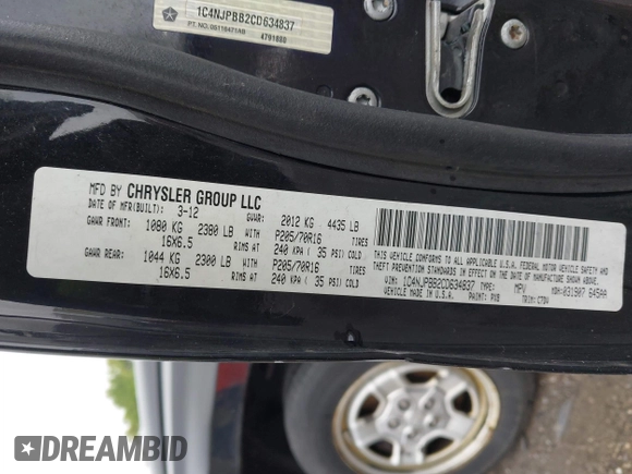 2012 Jeep Patriot Sport with VIN 1C4NJPBB2CD634837, listed as a IAAI auction lot 42379087 with 123,745 mi miles and . Bid and sale history available at DreamBid. Image 9.