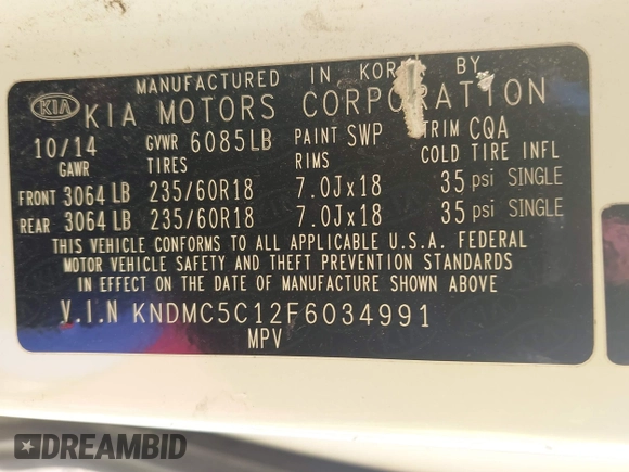 2015 Kia Sedona EX with VIN KNDMC5C12F6034991, listed as a IAAI auction lot 41971340 with 148,231 mi miles. Bid and sale history available at carsss.com. Image 9.
