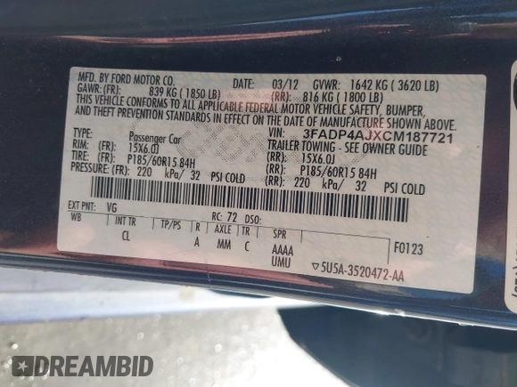 2012 Ford Fiesta S with VIN 3FADP4AJXCM187721, listed as a IAAI auction lot 41269984 with 118,474 mi miles. Bid and sale history available at carsss.com. Image 9.