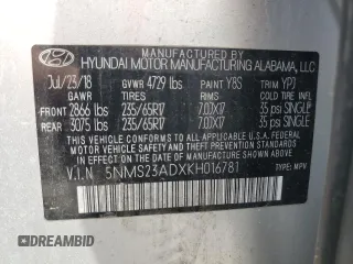 2019 Hyundai Santa Fe SE with VIN 5NMS23ADXKH016781, listed as a Copart auction lot 51088985 with 133,068 mi miles and Salvage Title. Bid and sale history available at carsss.com. Image 14.