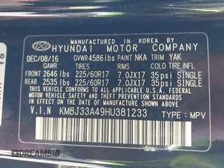 2017 Hyundai Tucson SE Plus with VIN KM8J33A49HU381233, listed as a IAAI auction lot 41393645 with 83,708 mi miles. Bid and sale history available at carsss.com. Image 9.