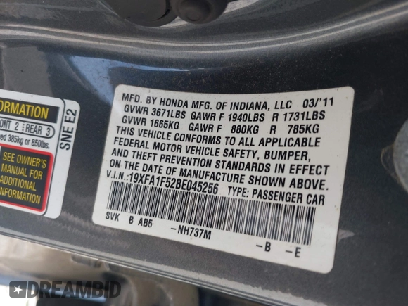 2011 Honda Civic LX with VIN 19XFA1F52BE045256, listed as a IAAI auction lot 42170028 with 222,168 mi miles and . Bid and sale history available at DreamBid. Image 9.