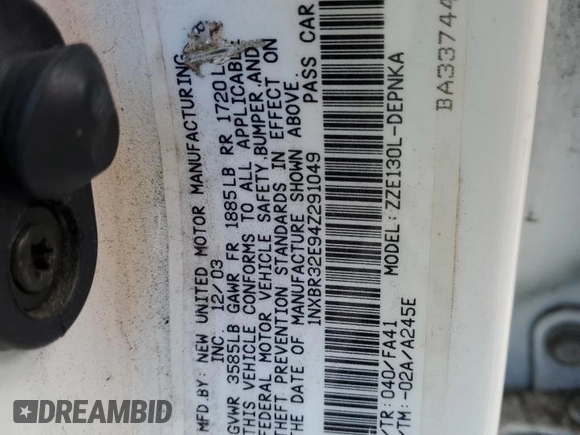 2004 Toyota Corolla CE with VIN 1NXBR32E94Z291049, listed as a Copart auction lot 56949865 with 148,919 mi miles and Clean Title. Bid and sale history available at DreamBid. Image 12.