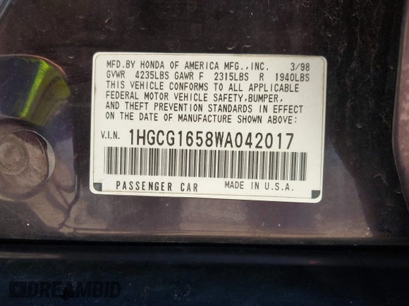 1998 Honda Accord EX z VIN 1HGCG1658WA042017, wystawiony jako IAAI lot #42263347 z przebiegiem 109 364 mil mil oraz . Historia ofert i sprzedaży dostępna na DreamBid. Obrazek 9.