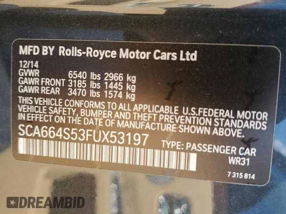 2015 Rolls-Royce Ghost z VIN SCA664S53FUX53197, wystawiony jako Copart lot #72152444 z przebiegiem 39 280 mil mil oraz Szkody całkowita. Historia ofert i sprzedaży dostępna na DreamBid. Obrazek 13.