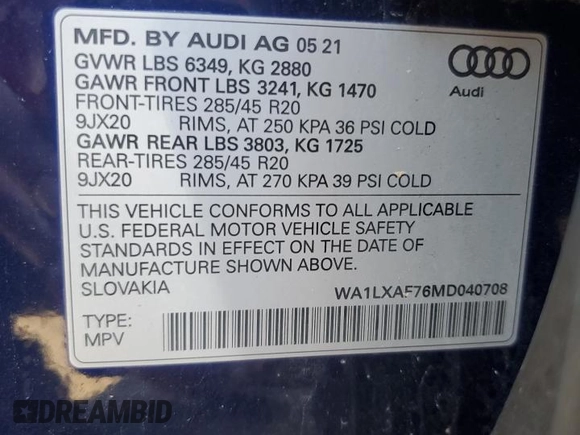 2021 Audi Q7 Premium Plus с VIN WA1LXAF76MD040708, выставлен на аукционе Copart как лот 53550155 с пробегом 53 207 миль миль и Списание • Salvage title. История ставок и продаж доступна на DreamBid. Изображение 14.