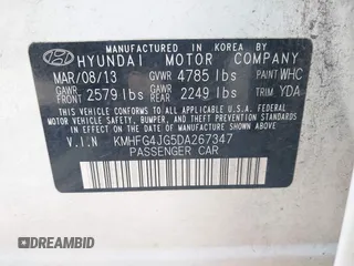 2013 Hyundai Azera with VIN KMHFG4JG5DA267347, listed as a IAAI auction lot 42580501 with 111,975 mi miles and . Bid and sale history available at DreamBid. Image 9.