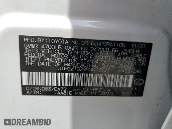 2024 Lexus IS 350 F Sport with VIN JTHGZ1B29R5073827, listed as a Copart auction lot 55848125 with 10,455 mi miles and Salvage title. Bid and sale history available at DreamBid. Image 12.