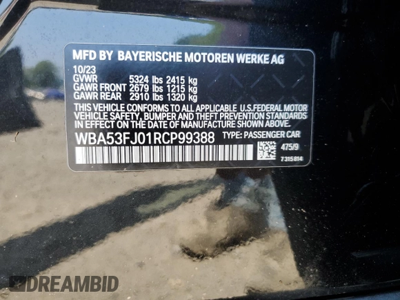 2024 BMW 5 Series 530i xDrive with VIN WBA53FJ01RCP99388, listed as a Copart auction lot 66712874 with 0 mi miles and Salvage Title. Bid and sale history available at carsss.com. Image 14.