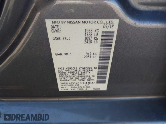 2019 Nissan Altima S with VIN 1N4BL4BV1KC114807, listed as a IAAI auction lot 41647497 with 123,743 mi miles and . Bid and sale history available at DreamBid. Image 9.