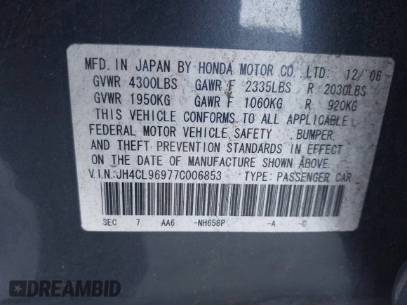 2007 Acura TSX Navi with VIN JH4CL96977C006853, listed as a IAAI auction lot 41667790 with 139,682 mi miles. Bid and sale history available at carsss.com. Image 9.