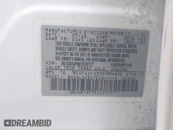 2019 Nissan Sentra SV with VIN 3N1AB7AP9KY229727, listed as a IAAI auction lot 42250561 with 133,652 mi miles and . Bid and sale history available at DreamBid. Image 9.