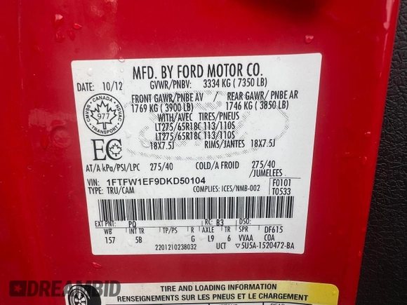 2013 Ford F-150 XL with VIN 1FTFW1EF9DKD50104, listed as a Copart auction lot 56274805 with 262,904 mi miles and Clean Title. Bid and sale history available at DreamBid. Image 10.