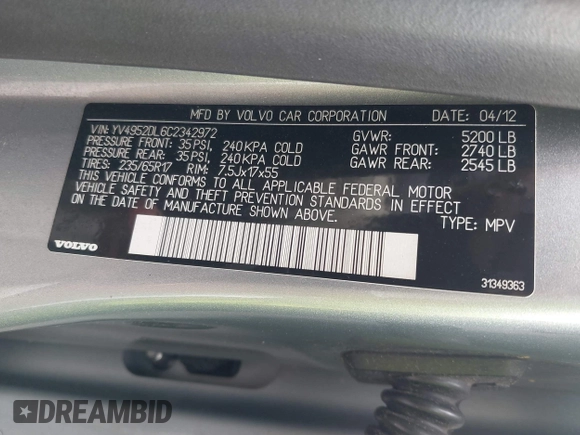 2012 Volvo XC60 3.2L с VIN YV4952DL6C2342972, выставлен на аукционе IAAI как лот 42319291 с пробегом 140 471 миль миль и . История ставок и продаж доступна на DreamBid. Изображение 9.