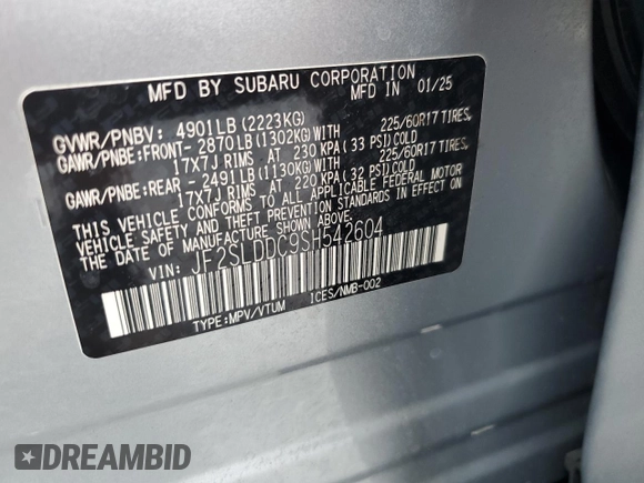 2025 Subaru Forester Premium with VIN JF2SLDDC9SH542604, listed as a Copart auction lot 53816305 with 440 mi miles and Salvage title. Bid and sale history available at DreamBid. Image 13.
