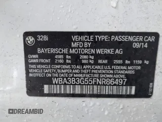2015 BMW 3 Series 328i xDrive with VIN WBA3B3G55FNR86497, listed as a IAAI auction lot 42350645 with 56,688 mi miles and . Bid and sale history available at DreamBid. Image 9.