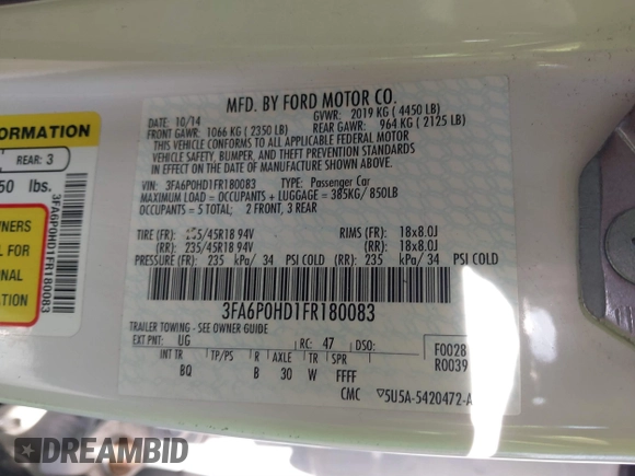 2015 Ford Fusion SE z VIN 3FA6P0HD1FR180083, wystawiony jako IAAI lot #41535579 z przebiegiem 109 363 mil mil oraz . Historia ofert i sprzedaży dostępna na DreamBid. Obrazek 9.