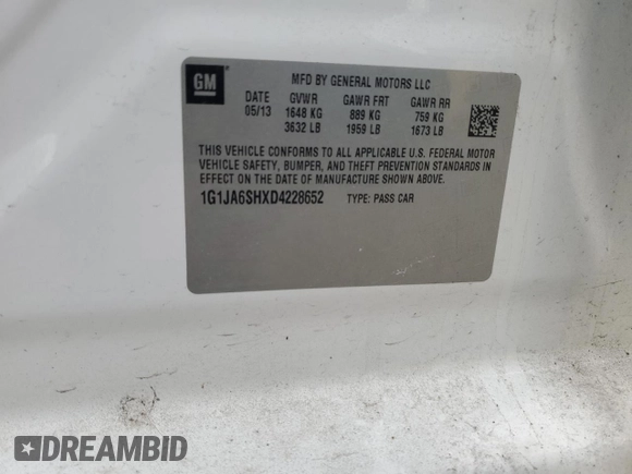 2013 Chevrolet Sonic LS z VIN 1G1JA6SHXD4228652, wystawiony jako Copart lot #48116655 z przebiegiem 170 306 mil mil oraz Szkoda całkowita • Salvage title. Historia ofert i sprzedaży dostępna na DreamBid. Obrazek 14.