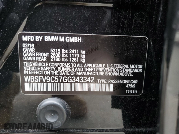 2016 BMW M5 with VIN WBSFV9C57GG343342, listed as a Copart auction lot 65659632 with 44,259 mi miles. Bid and sale history available at carsss.com. Image 10.