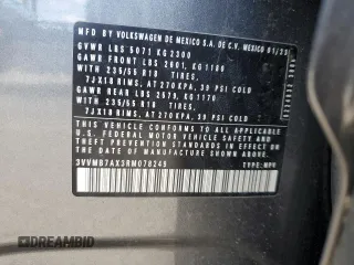 2024 Volkswagen Tiguan SE z VIN 3VVMB7AX3RM078249, wystawiony jako Copart lot #57566155 z przebiegiem 25 713 mil mil oraz Szkoda całkowita • Salvage title. Historia ofert i sprzedaży dostępna na DreamBid. Obrazek 12.