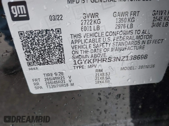 2022 Cadillac XT6 Sport with VIN 1GYKPHRS3NZ138698, listed as a IAAI auction lot 41547570 with 15,919 mi miles. Bid and sale history available at carsss.com. Image 9.