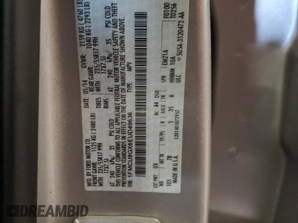 2014 Ford Escape SE с VIN 1FMCU9GX6EUD49636, выставлен на аукционе Copart как лот 58814075 с пробегом Не указан миль и Чистый • Clean title. История ставок и продаж доступна на DreamBid. Изображение 13.